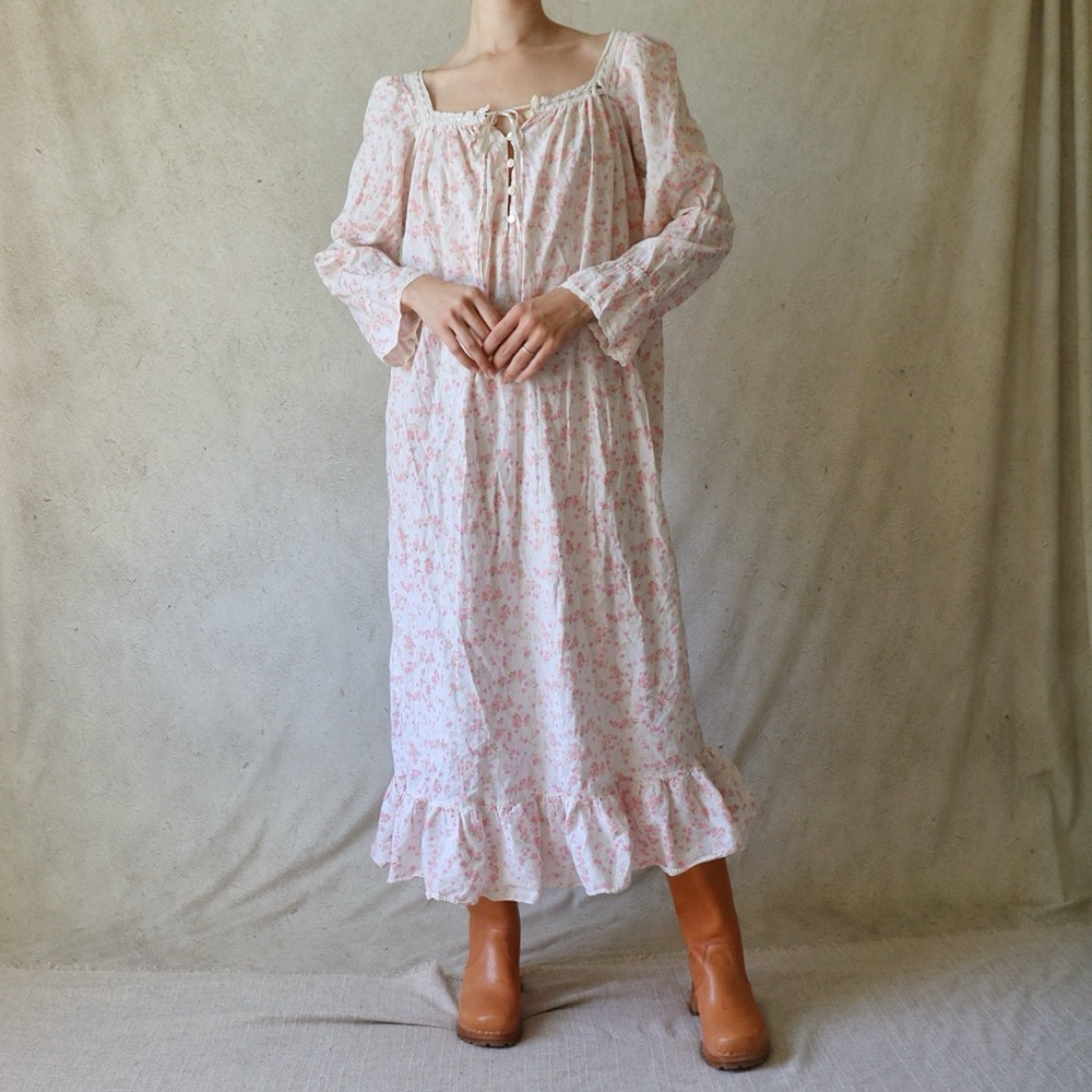 Victorias Secret Cottage Core Pink Floral Print Night Gown with Crochet Trims